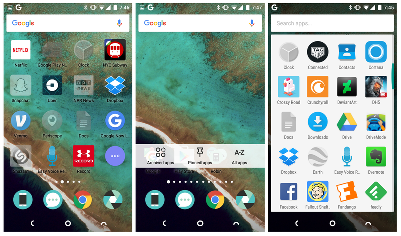 Robin’s cloud storage in action. The left two screenshots show Robin’s Home launcher, which comes with an extra feature to see your apps. The far right screenshot shows Robin’s “ghost” icons also working with the Google Now launcher.